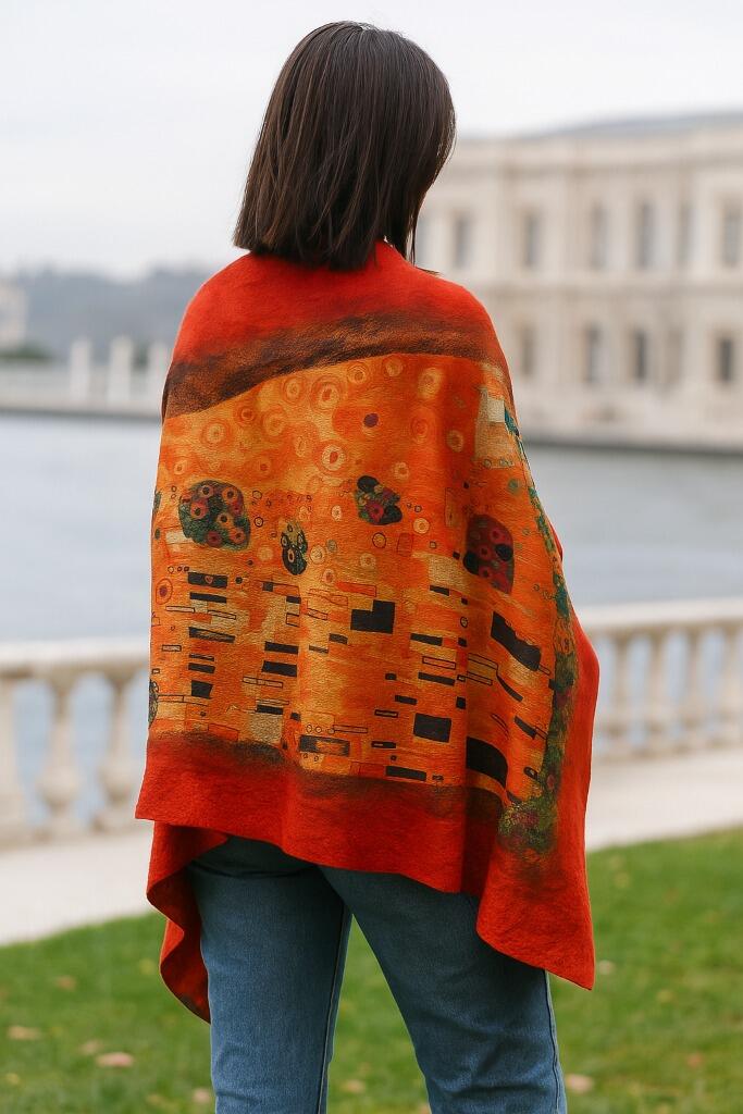 Uzan Serisi The Kiss (Gustav Klimt) İpek & Keçe Şal / Runner Kırmızı