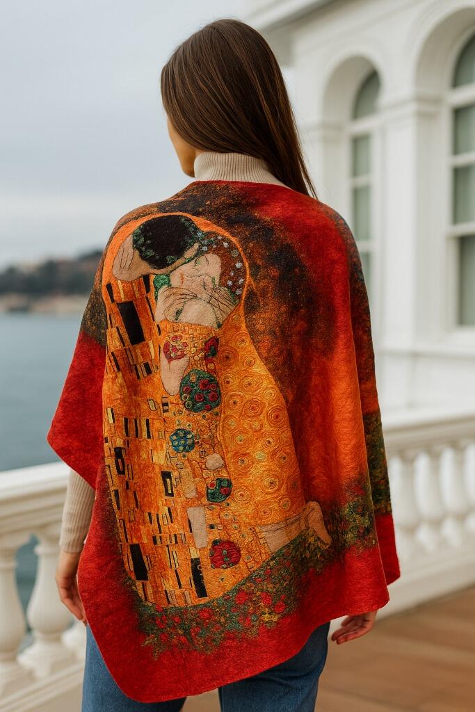 Uzan Serisi The Kiss (Gustav Klimt) İpek & Keçe Şal / Runner Kırmızı