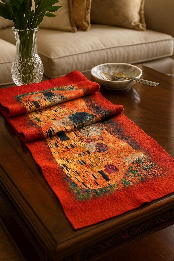 Uzan Serisi The Kiss (Gustav Klimt) İpek & Keçe Şal / Runner Kırmızı