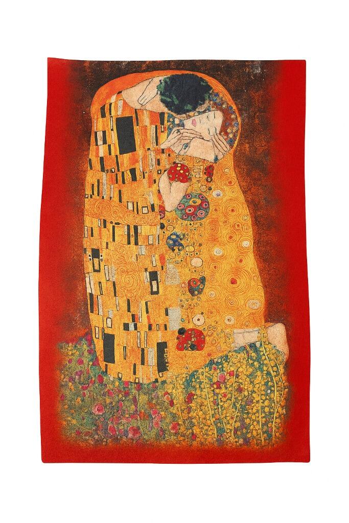 Uzan Serisi The Kiss (Gustav Klimt) İpek & Keçe Şal / Runner Kırmızı