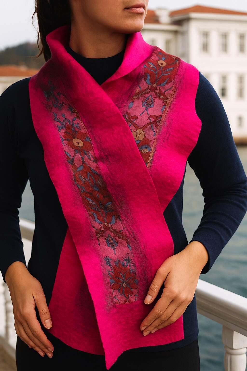 Doran Serisi Keçe & İpek Atkı / Runner Fuşya