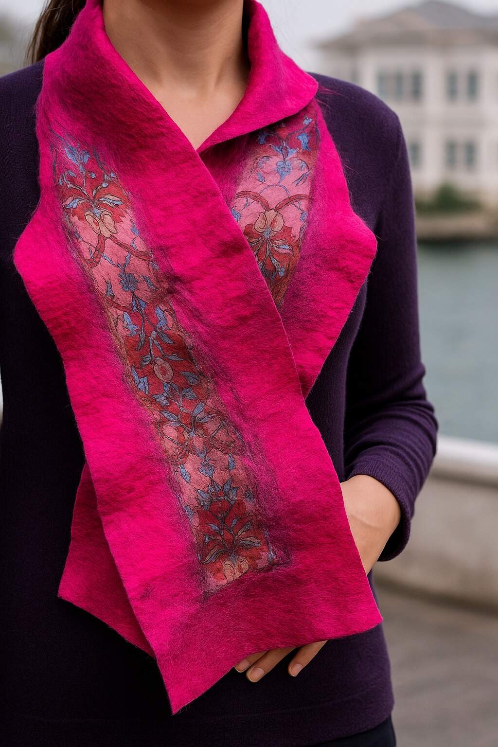 Doran Serisi Keçe & İpek Atkı / Runner Fuşya