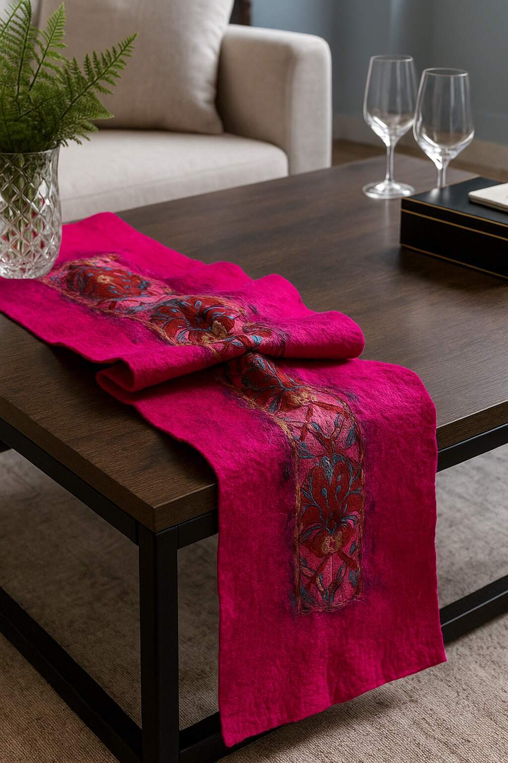 Doran Serisi Keçe & İpek Atkı / Runner Fuşya