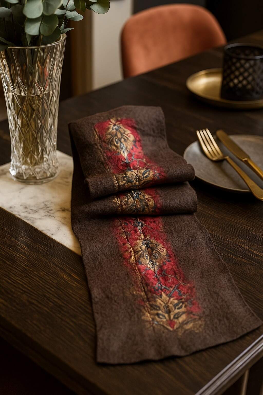 Doran Serisi Keçe & İpek Atkı / Runner Kahve