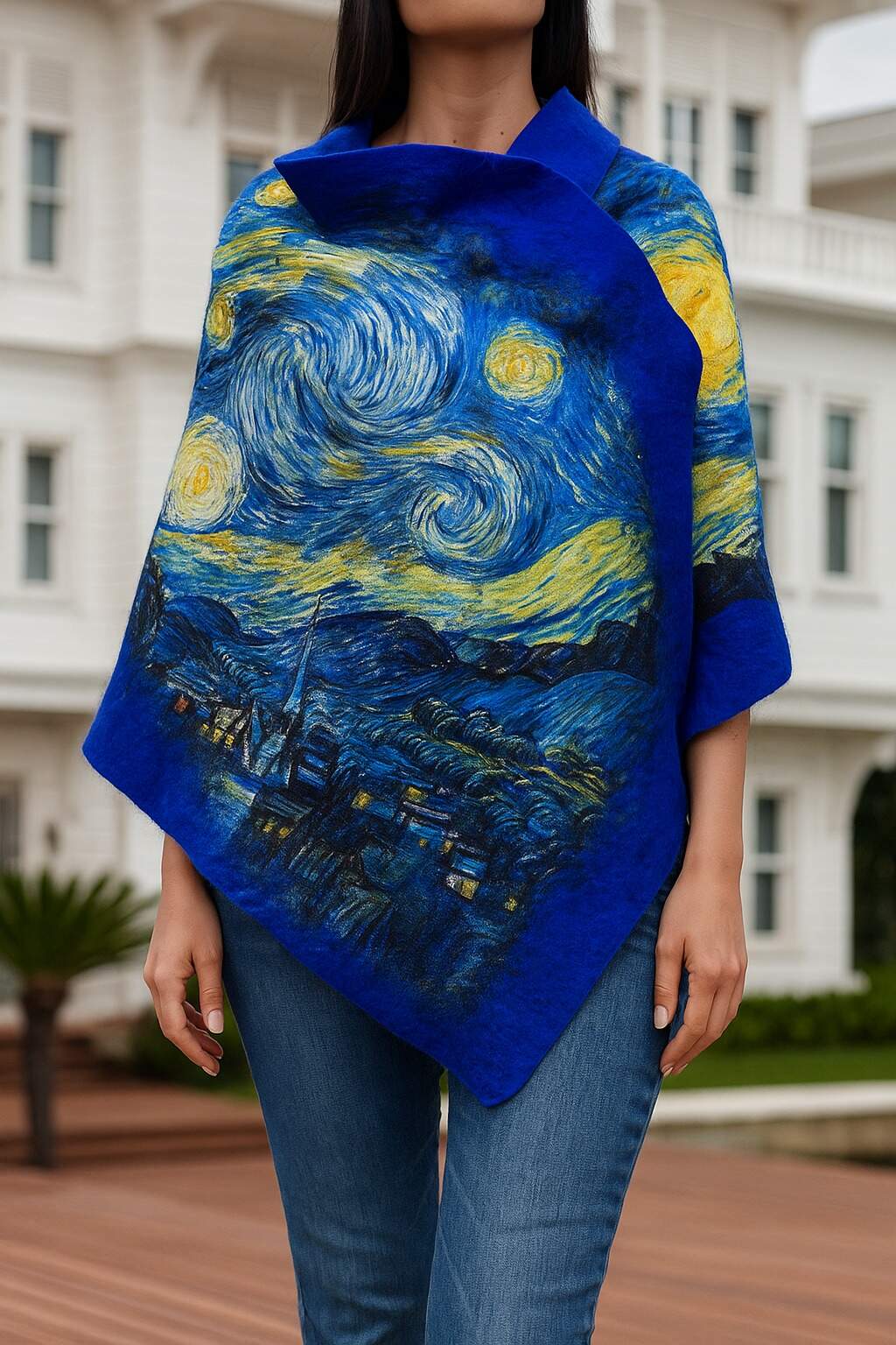 Uzan Serisi Starry Night (Vincent Van Gogh) İpek & Keçe Şal / Runner Saks