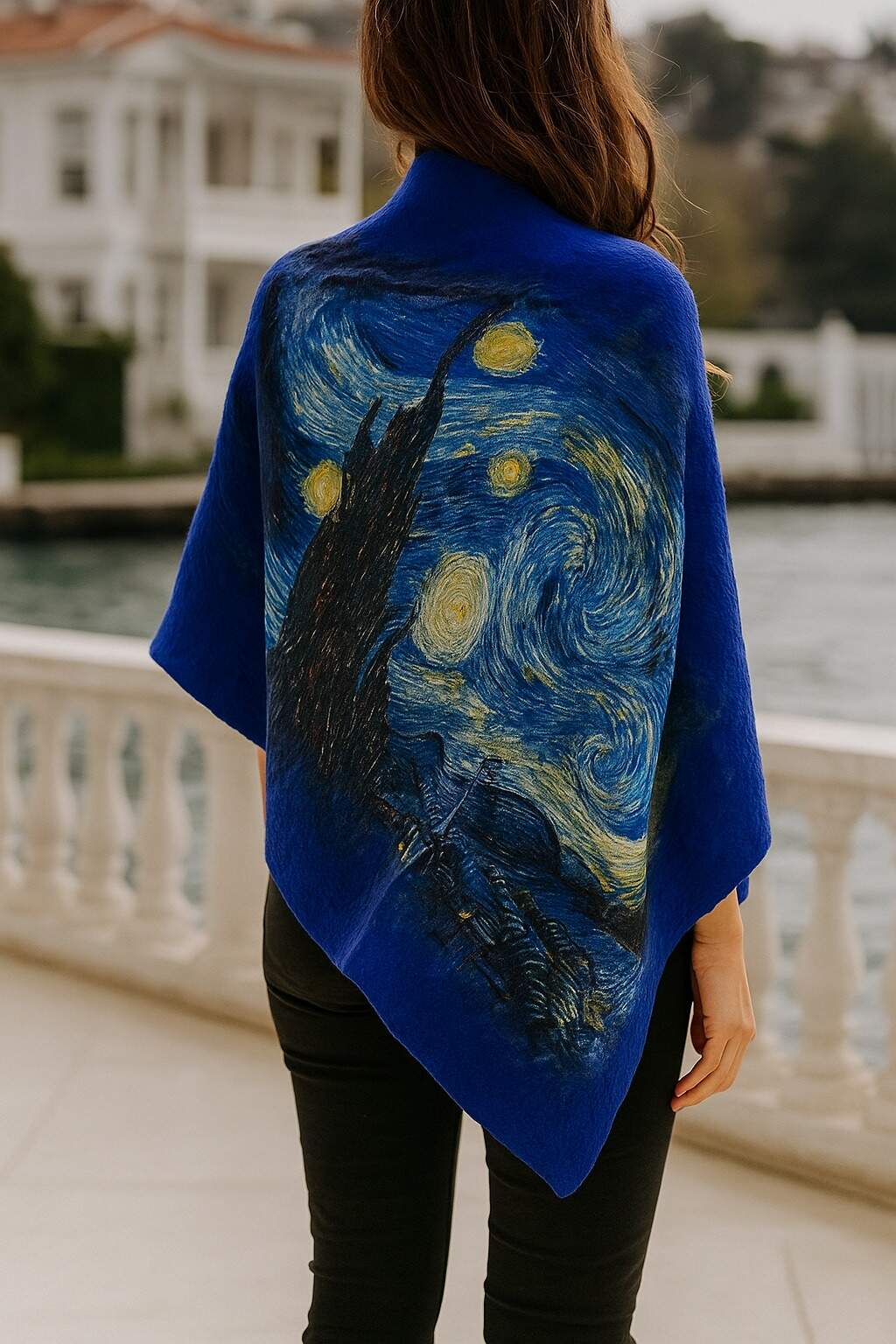 Uzan Serisi Starry Night (Vincent Van Gogh) İpek & Keçe Şal / Runner Saks