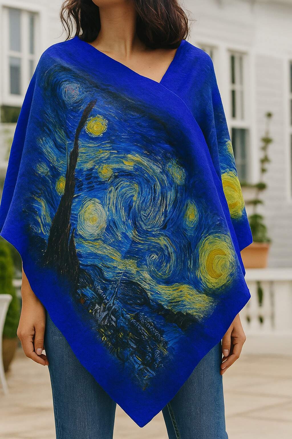 Uzan Serisi Starry Night (Vincent Van Gogh) İpek & Keçe Şal / Runner Saks