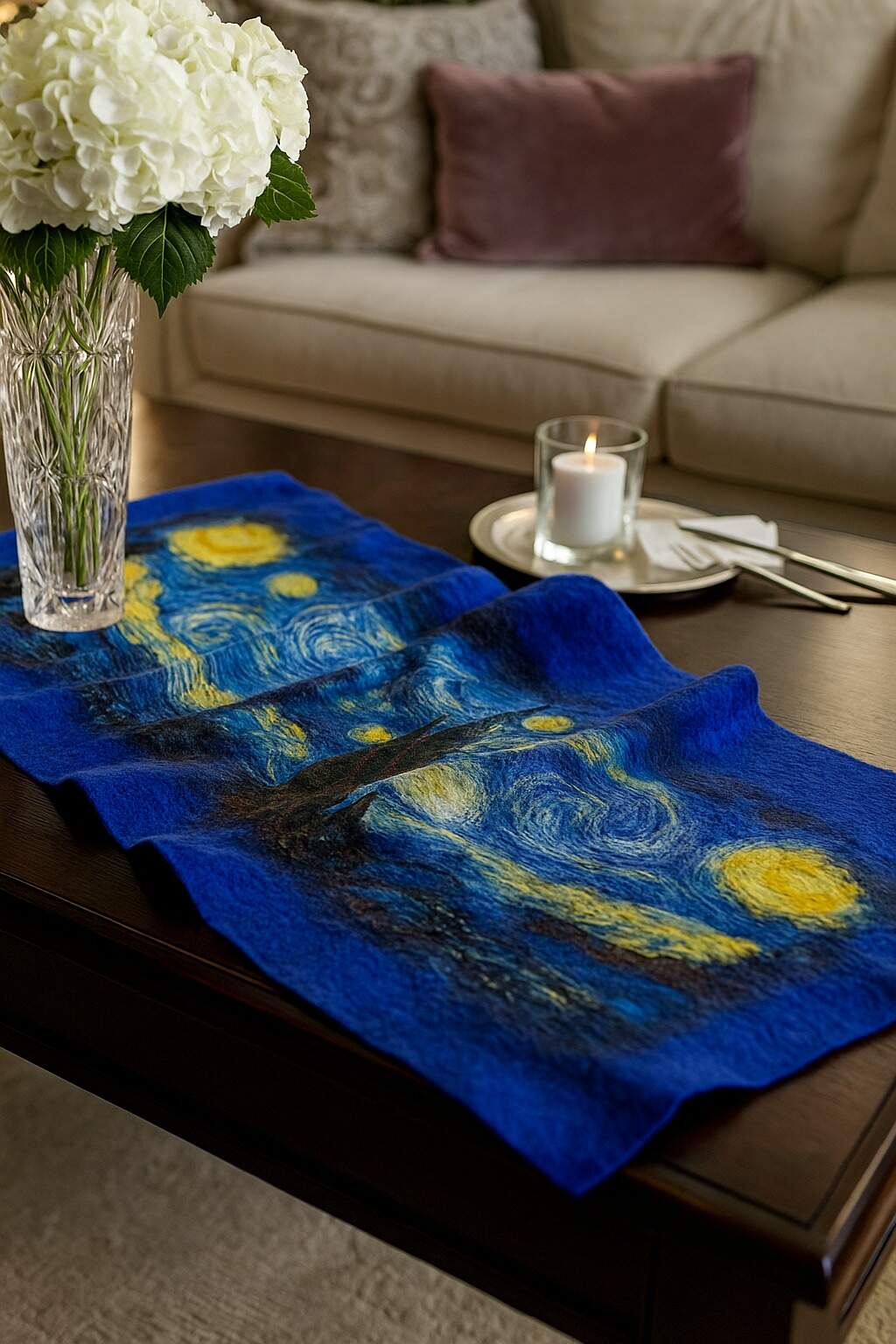 Uzan Serisi Starry Night (Vincent Van Gogh) İpek & Keçe Şal / Runner Saks