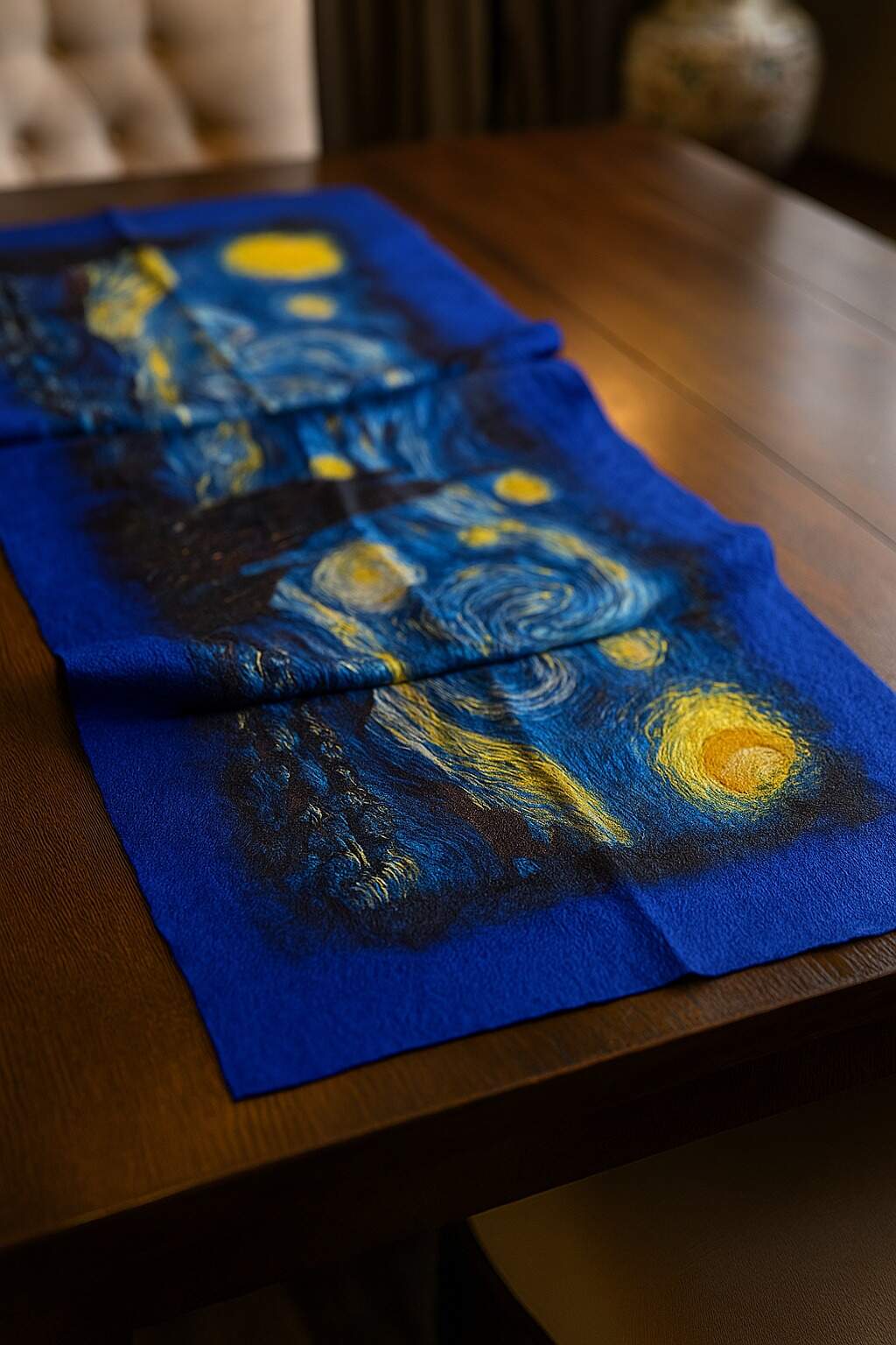 Uzan Serisi Starry Night (Vincent Van Gogh) İpek & Keçe Şal / Runner Saks
