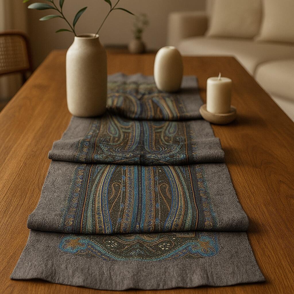 Düzge Serisi İpek & Keçe Şal / Runner Pastel Gri