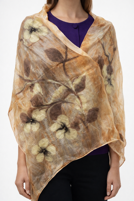 Çuğa Serisi İpek & Keçe Şal / Runner Ceviz Kabuğu