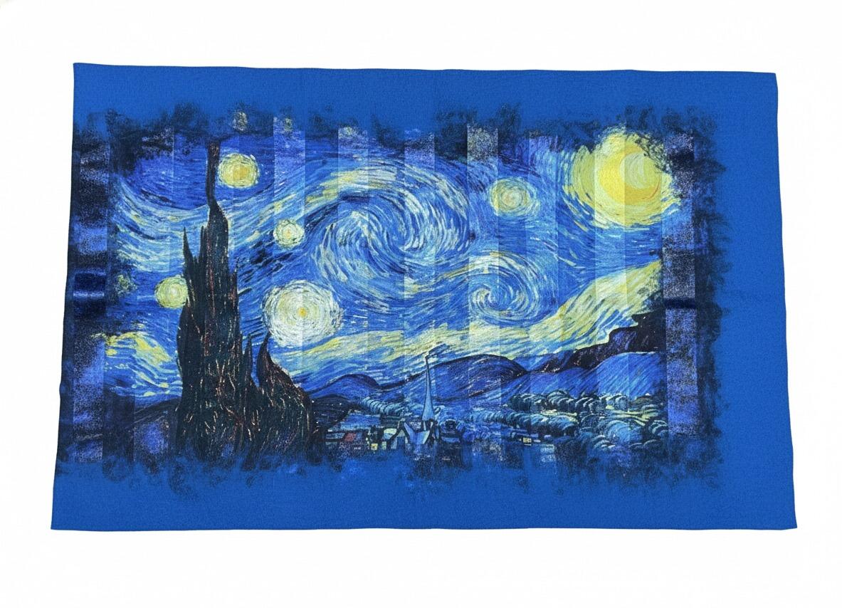 Uzan Serisi Starry Night (Vincent Van Gogh) İpek & Keçe Şal / Runner Mavi