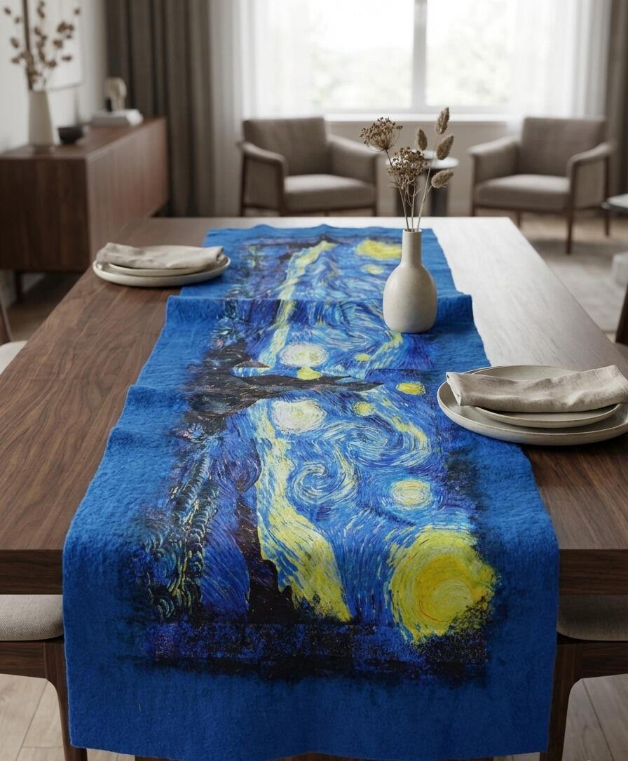 Uzan Serisi Starry Night (Vincent Van Gogh) İpek & Keçe Şal / Runner Mavi