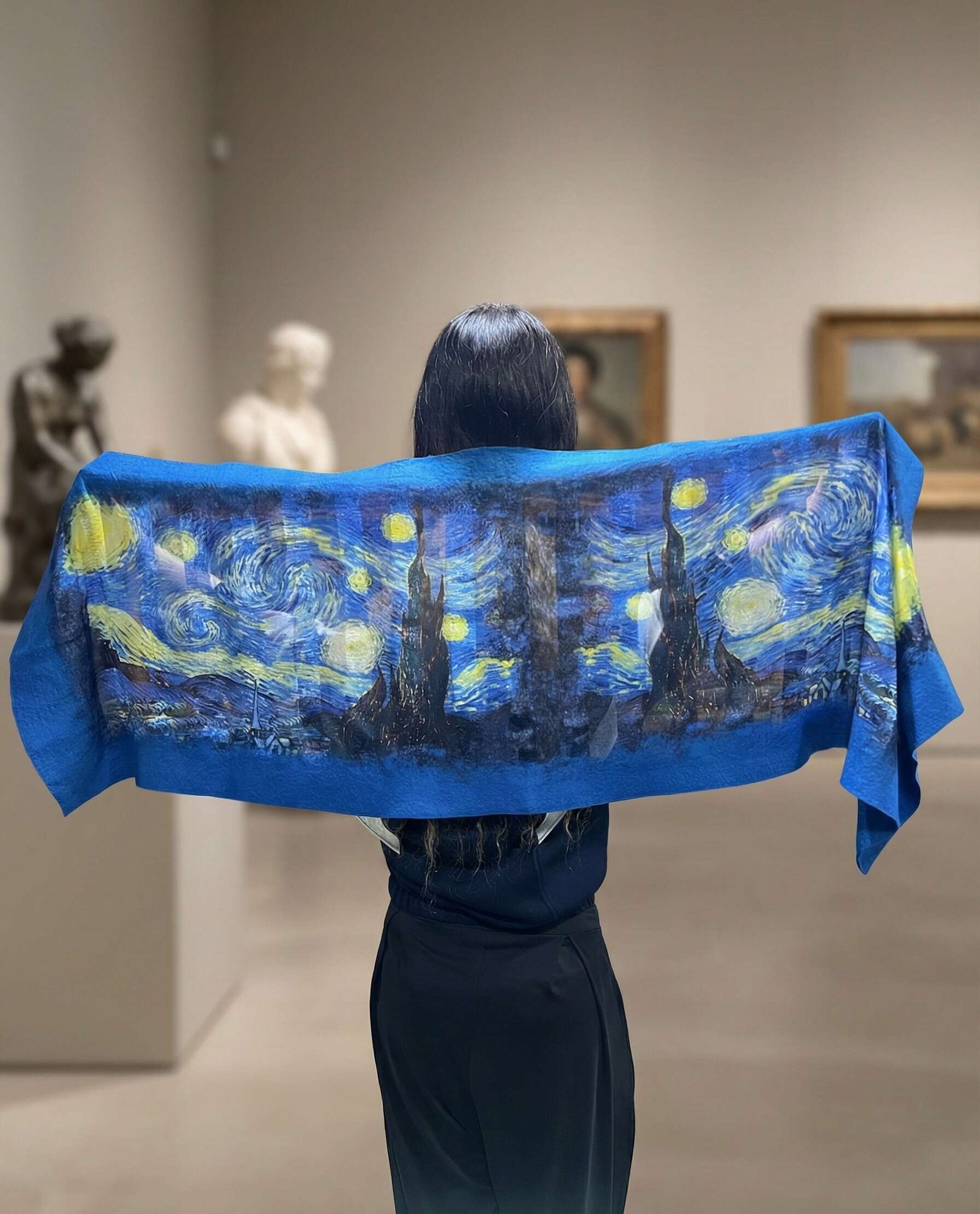 Uzan Serisi Starry Night (Vincent Van Gogh) İpek & Keçe Şal / Runner Mavi