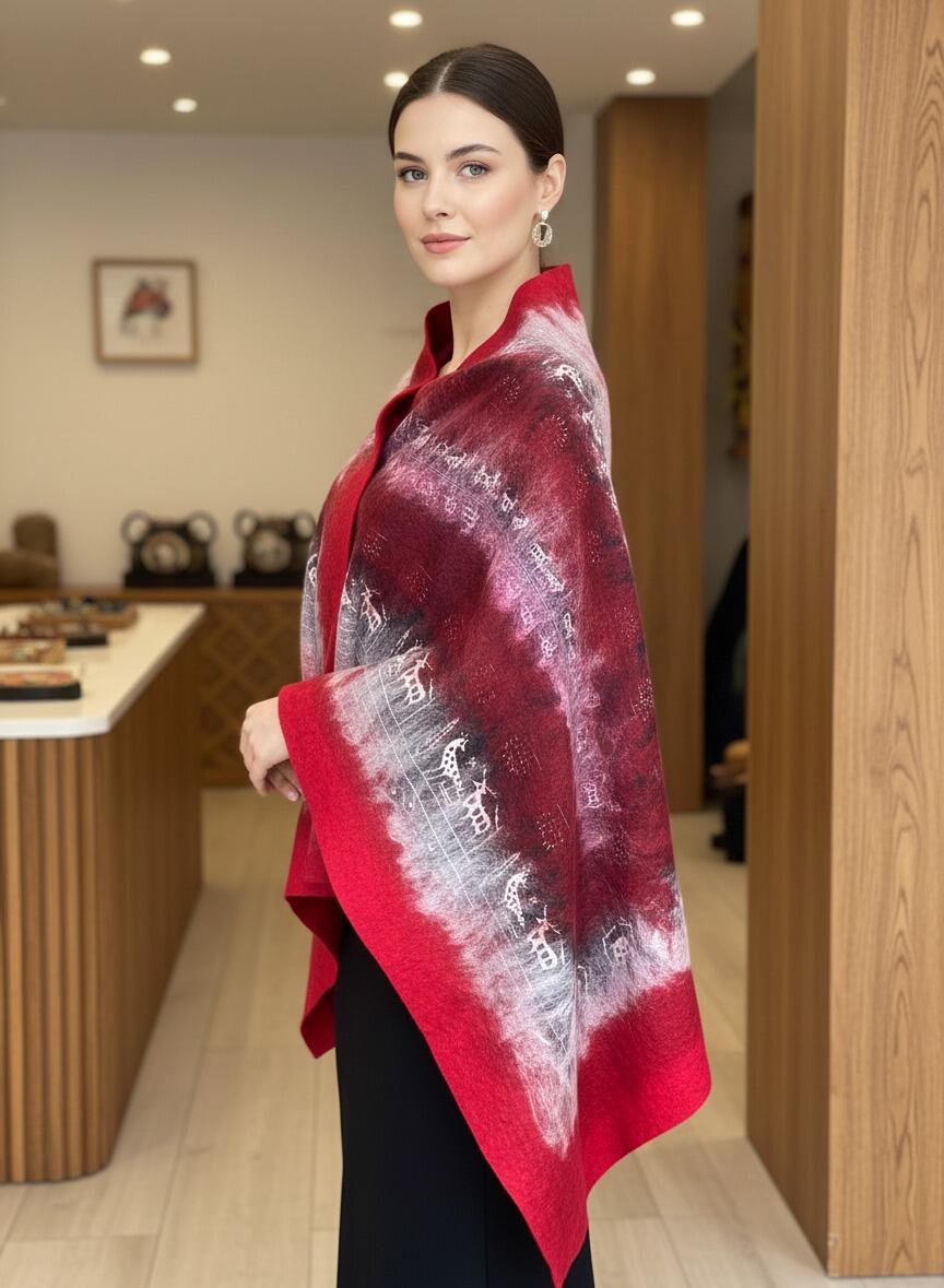 Hitit Serisi İpek & Keçe Şal / Runner Kırmızı