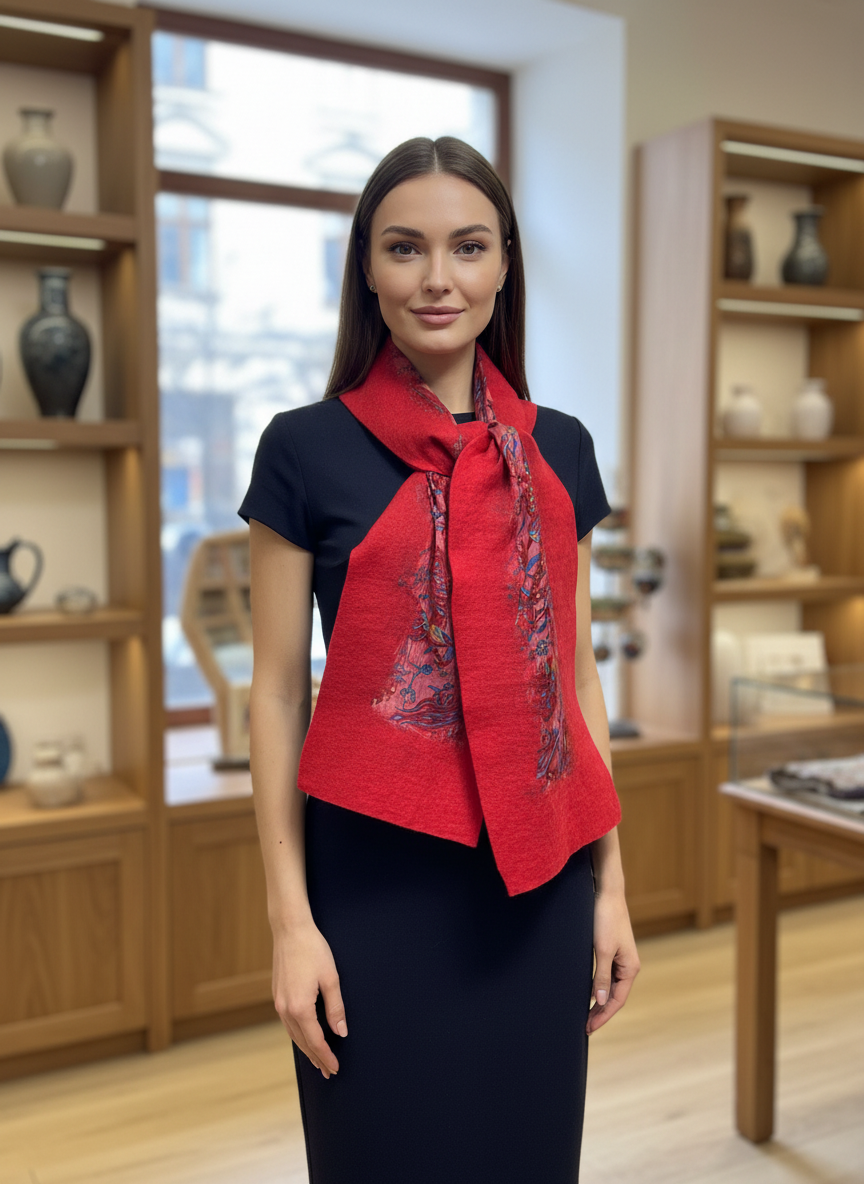 Doran Serisi Keçe & İpek Atkı / Runner Kırmızı