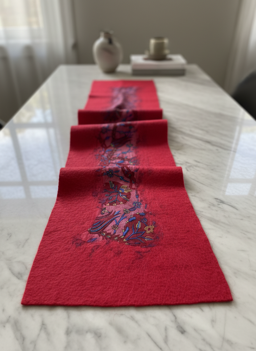 Doran Serisi Keçe & İpek Atkı / Runner Kırmızı