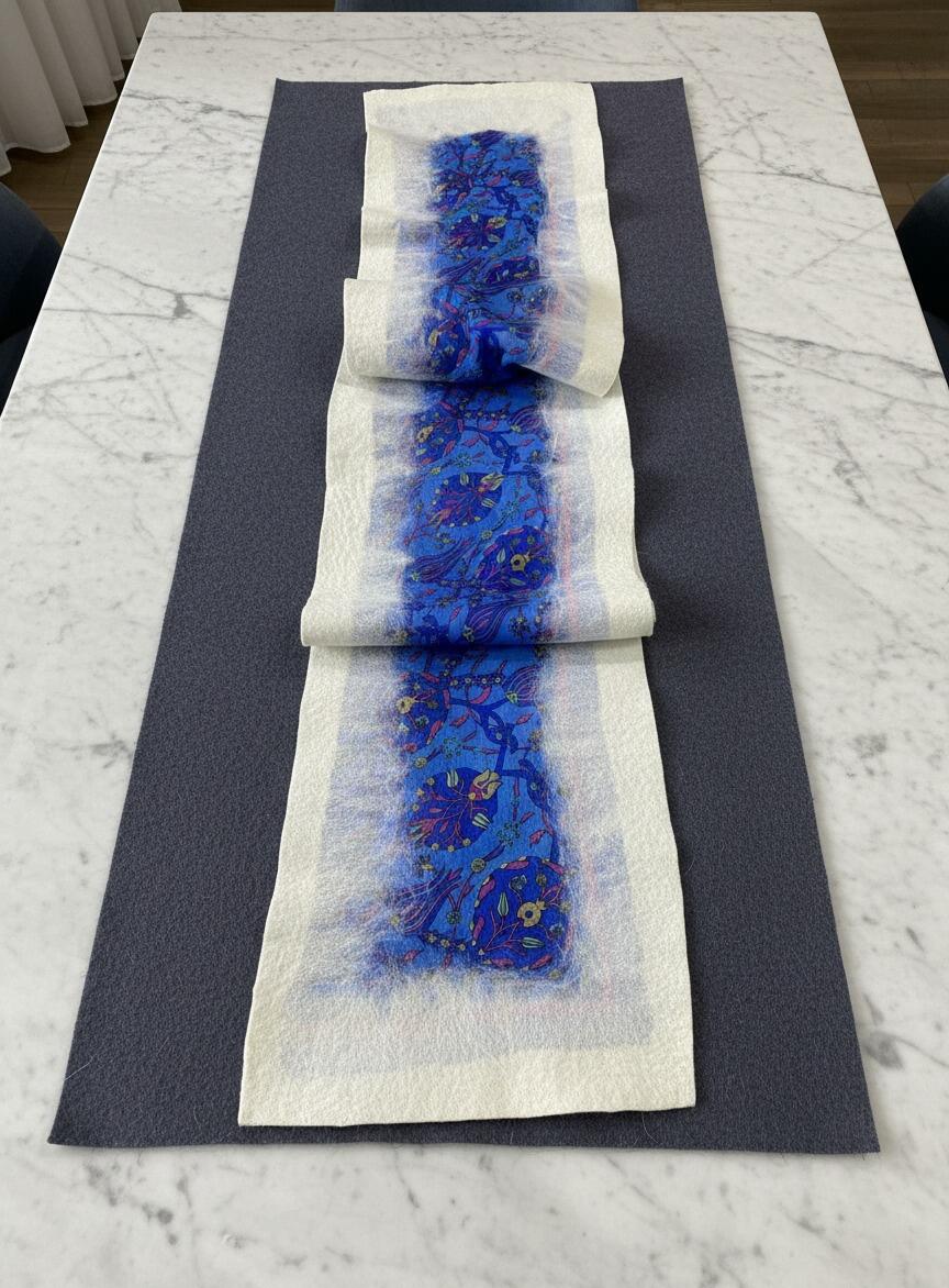 Doran Serisi Keçe & İpek Atkı / Runner Pastel Beyaz